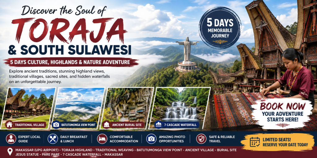 Experience the beauty of Toraja and South Sulawesi on a 5-day cultural adventure featuring traditional Tongkonan villages, Batutumonga Viewpoint, ancient cliff burial sites, Jesus Blessing Statue, traditional weaving, Seven Cascade Waterfall, and breathtaking mountain landscapes.