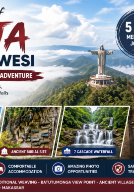 Experience the beauty of Toraja and South Sulawesi on a 5-day cultural adventure featuring traditional Tongkonan villages, Batutumonga Viewpoint, ancient cliff burial sites, Jesus Blessing Statue, traditional weaving, Seven Cascade Waterfall, and breathtaking mountain landscapes.