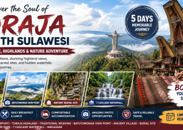Experience the beauty of Toraja and South Sulawesi on a 5-day cultural adventure featuring traditional Tongkonan villages, Batutumonga Viewpoint, ancient cliff burial sites, Jesus Blessing Statue, traditional weaving, Seven Cascade Waterfall, and breathtaking mountain landscapes.