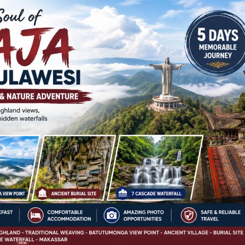Experience the beauty of Toraja and South Sulawesi on a 5-day cultural adventure featuring traditional Tongkonan villages, Batutumonga Viewpoint, ancient cliff burial sites, Jesus Blessing Statue, traditional weaving, Seven Cascade Waterfall, and breathtaking mountain landscapes.
