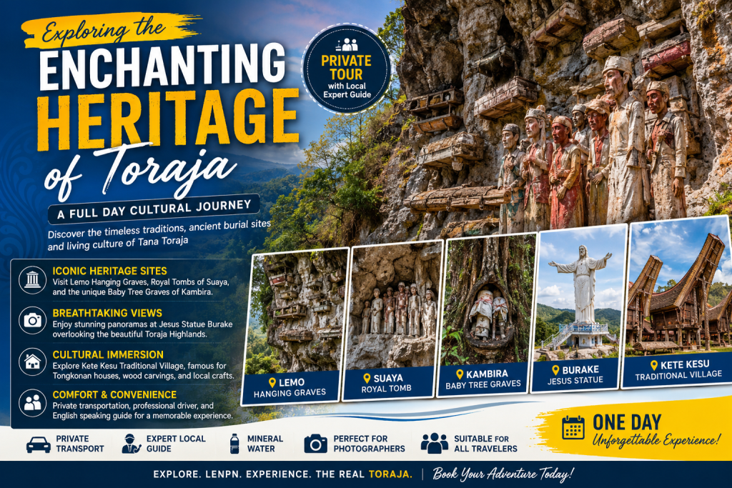 Discover Tana Toraja heritage tour with Lemo hanging graves, Tau-Tau statues, Kete Kesu traditional village, Jesus Burake statue, and stunning highland landscapes.