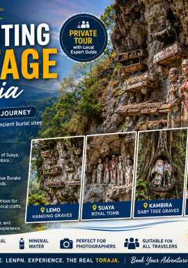 Discover Tana Toraja heritage tour with Lemo hanging graves, Tau-Tau statues, Kete Kesu traditional village, Jesus Burake statue, and stunning highland landscapes.