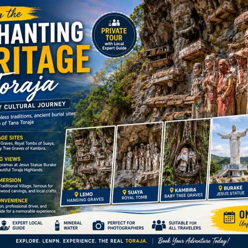 Discover Tana Toraja heritage tour with Lemo hanging graves, Tau-Tau statues, Kete Kesu traditional village, Jesus Burake statue, and stunning highland landscapes.