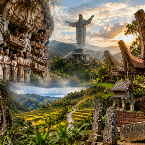 Tana Toraja cultural experience featuring cliffside graves, traditional Tongkonan houses, green rice terraces, and local Torajan heritage.