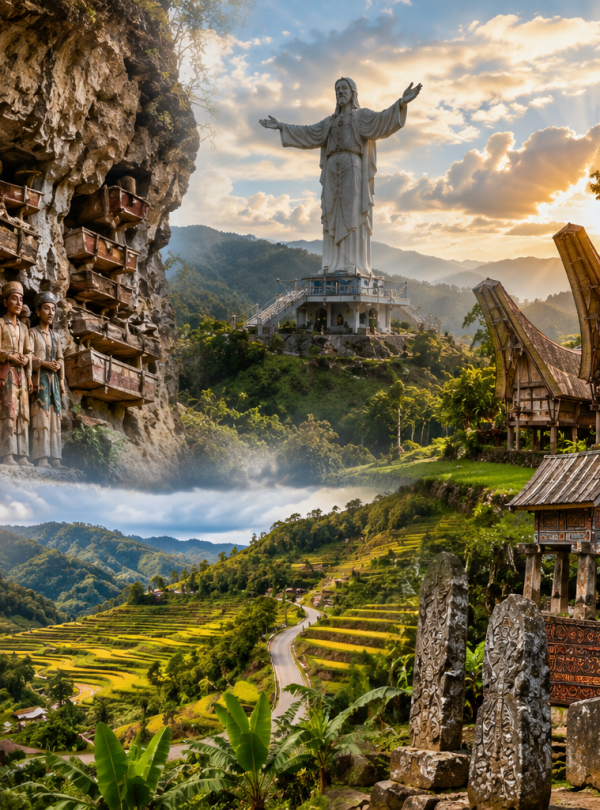 Tana Toraja cultural experience featuring cliffside graves, traditional Tongkonan houses, green rice terraces, and local Torajan heritage.