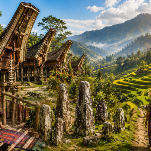Torajan cultural landscape featuring traditional villages, ancestral Tongkonan houses, rice fields, weaving traditions, and majestic mountain scenery in Tana Toraja.