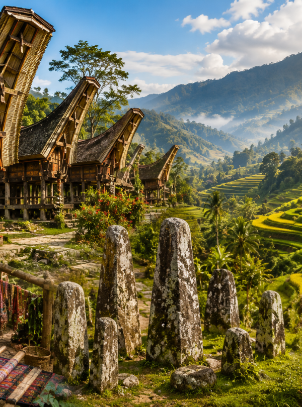 Torajan cultural landscape featuring traditional villages, ancestral Tongkonan houses, rice fields, weaving traditions, and majestic mountain scenery in Tana Toraja.