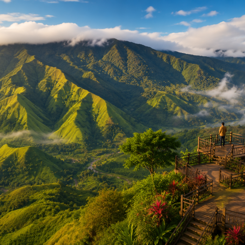 Breathtaking panoramic view of Bambapuang Viewpoint featuring lush green mountain ridges, rolling hills, dramatic clouds, and scenic landscapes in Enrekang, South Sulawesi, Indonesia.