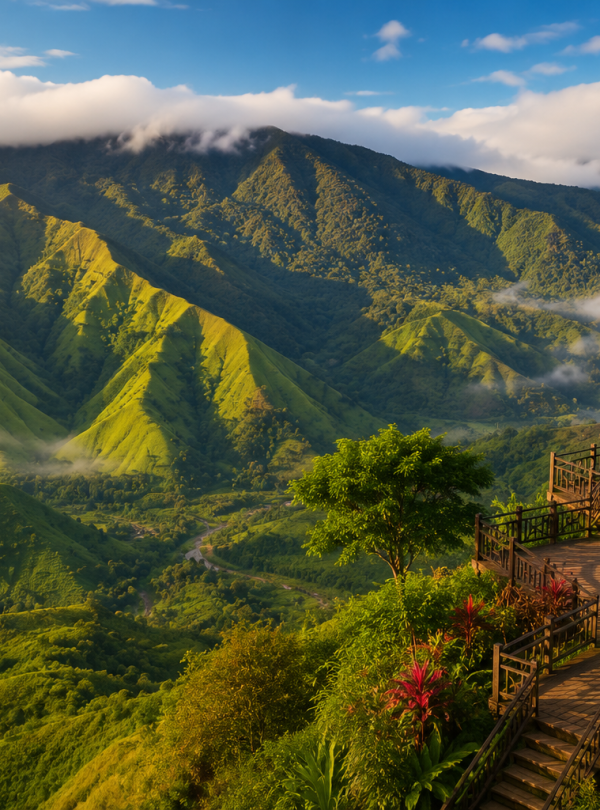 Breathtaking panoramic view of Bambapuang Viewpoint featuring lush green mountain ridges, rolling hills, dramatic clouds, and scenic landscapes in Enrekang, South Sulawesi, Indonesia.