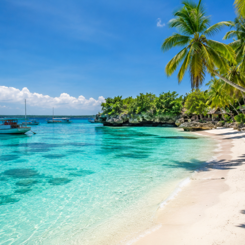 Pristine white sand beach with crystal-clear turquoise waters, traditional Phinisi boats, swaying coconut palms, and a tropical coastline at Bira Beach, South Sulawesi, Indonesia.