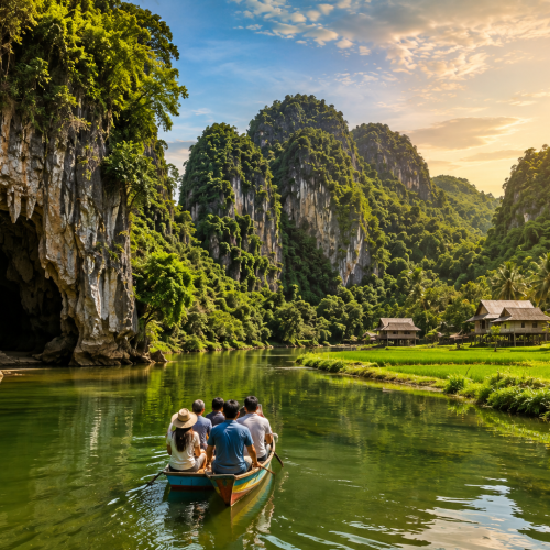 Travelers enjoying a traditional wooden boat ride along the tranquil river through the dramatic limestone karst cliffs of Rammang-Rammang, surrounded by lush rice fields, tropical forests, hidden caves, and authentic local villages in South Sulawesi, Indonesia.