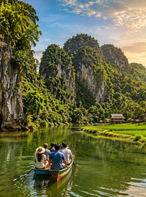 Travelers enjoying a traditional wooden boat ride along the tranquil river through the dramatic limestone karst cliffs of Rammang-Rammang, surrounded by lush rice fields, tropical forests, hidden caves, and authentic local villages in South Sulawesi, Indonesia.