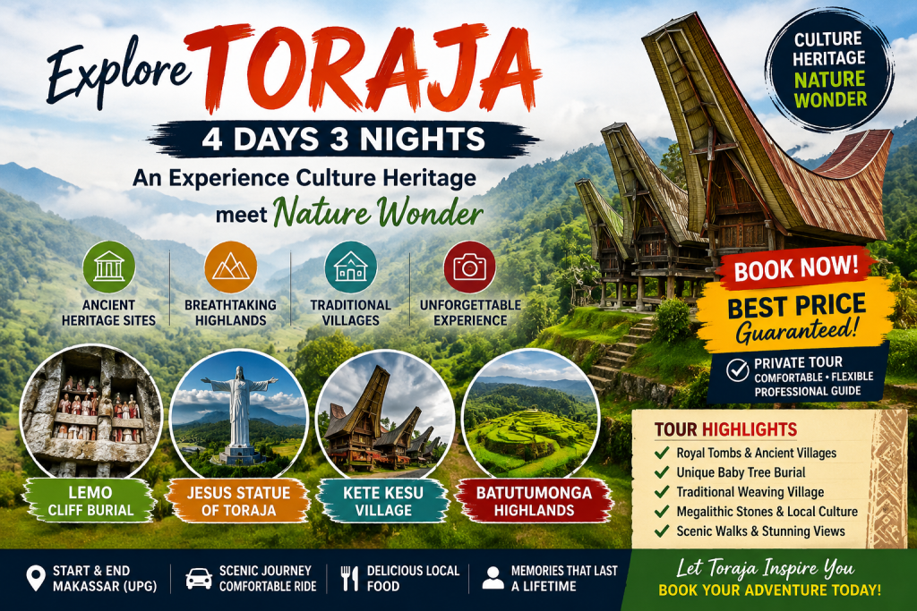 Traditional Tongkonan houses overlooking lush rice terraces and the iconic Lemo cliff burial site during sunrise in Toraja Highlands, South Sulawesi, Indonesia.