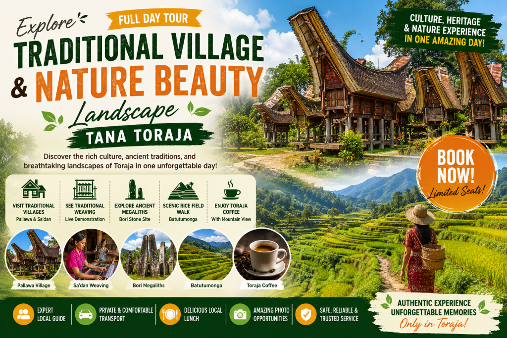 Panoramic view of traditional Tongkonan houses, Batutumonga rice terraces, ancient megalithic stones, and the beautiful mountain landscapes of Tana Toraja, South Sulawesi, Indonesia.