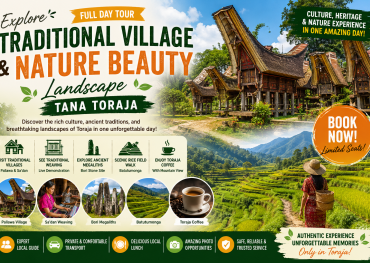 Panoramic view of traditional Tongkonan houses, Batutumonga rice terraces, ancient megalithic stones, and the beautiful mountain landscapes of Tana Toraja, South Sulawesi, Indonesia.