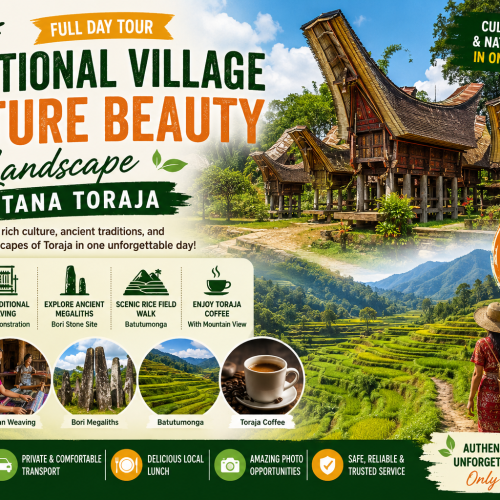 Panoramic view of traditional Tongkonan houses, Batutumonga rice terraces, ancient megalithic stones, and the beautiful mountain landscapes of Tana Toraja, South Sulawesi, Indonesia.