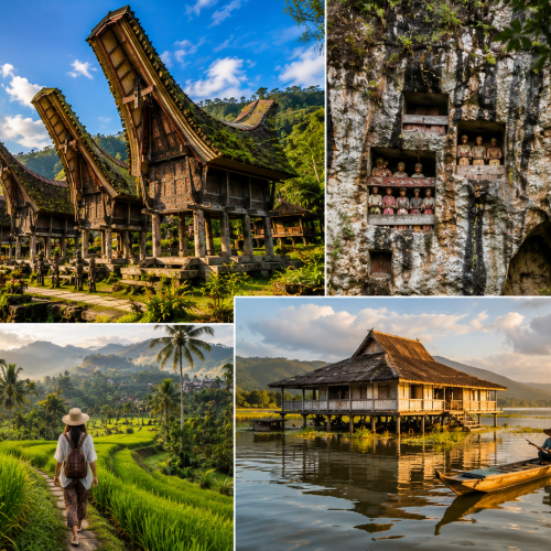 Traditional floating house on Lake Tempe with beautiful mountain scenery during a South Sulawesi cultural journey.
