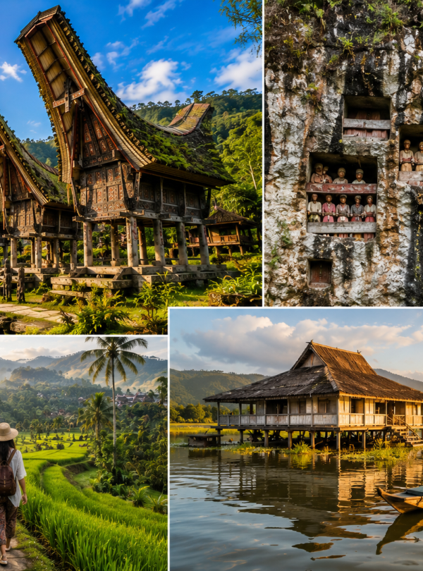 Traditional floating house on Lake Tempe with beautiful mountain scenery during a South Sulawesi cultural journey.