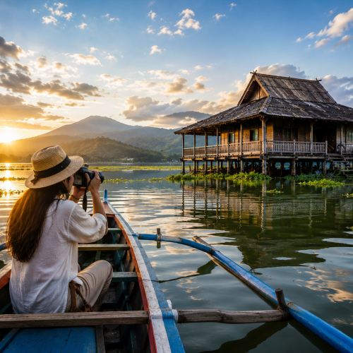 Traveler taking photographs from a traditional outrigger boat while approaching authentic Bugis floating houses on Lake Tempe, South Sulawesi, Indonesia.