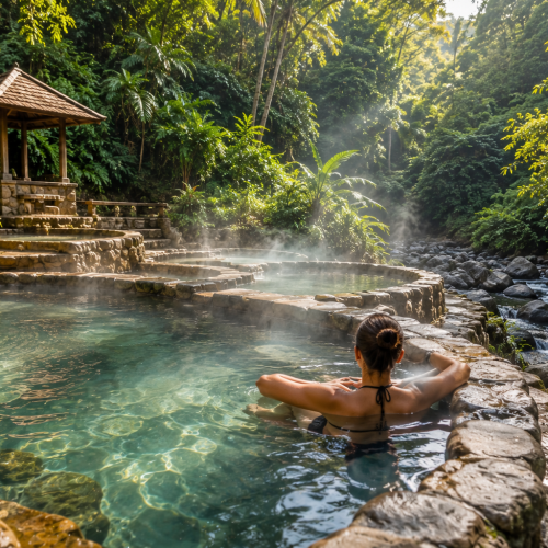 Natural mineral hot spring pools surrounded by lush tropical rainforest at Lejja Hot Springs, South Sulawesi, offering a peaceful wellness experience in a scenic natural setting.