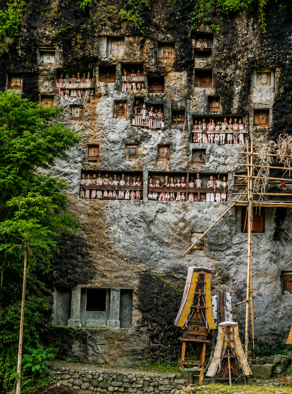 Lemo Cliff Burial in Toraja featuring ancient rock graves, Tau Tau statues, dramatic limestone cliffs, and one of South Sulawesi's most famous cultural heritage sites.
