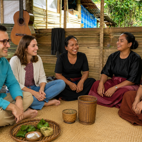 Travelers enjoying authentic village life in Toraja, including meeting local families, harvesting rice, interacting with water buffalo, witnessing the Sea of Clouds in Lolai, and visiting hidden waterfalls in South Sulawesi.