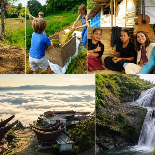International travelers enjoying warm hospitality with a local Toraja family during an authentic homestay experience in the Toraja Highlands, South Sulawesi, Indonesia.