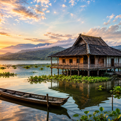 Tourist photographing traditional floating houses from an outrigger canoe during a scenic sunset boat trip on Lake Tempe in South Sulawesi.