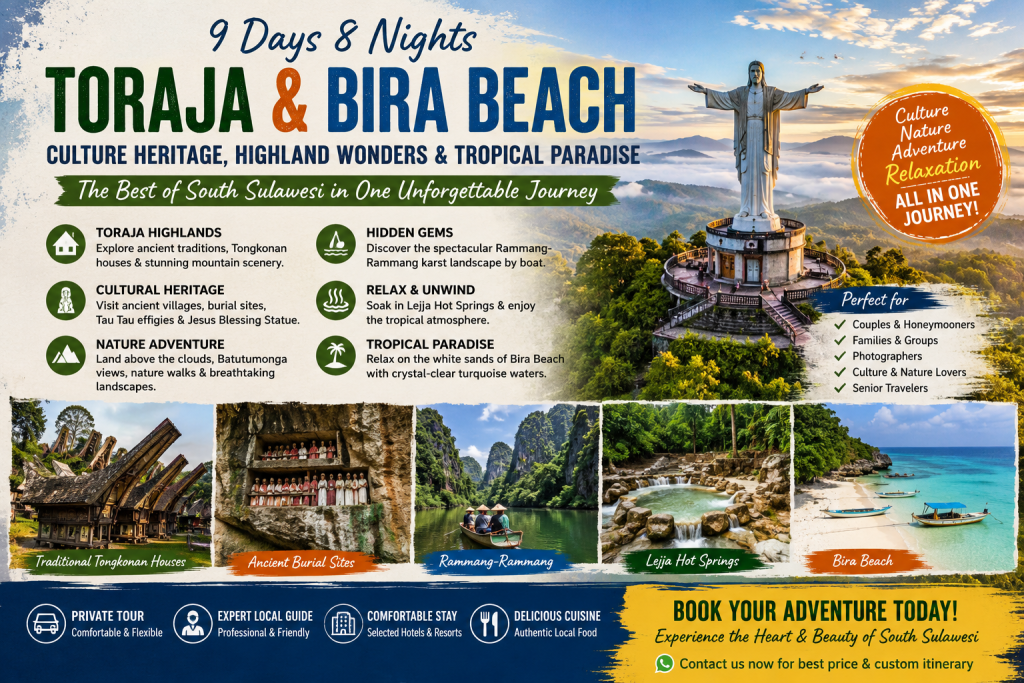 Scenic collage showcasing Toraja traditional villages, Jesus Blessing Statue, Batutumonga mountain views, Rammang-Rammang limestone cliffs, Lejja Hot Springs, and Bira Beach in South Sulawesi, Indonesia.