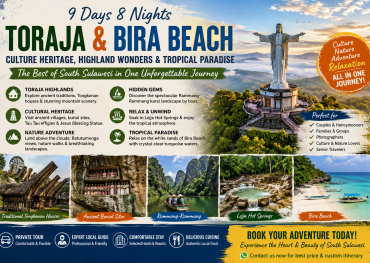 Scenic collage showcasing Toraja traditional villages, Jesus Blessing Statue, Batutumonga mountain views, Rammang-Rammang limestone cliffs, Lejja Hot Springs, and Bira Beach in South Sulawesi, Indonesia.