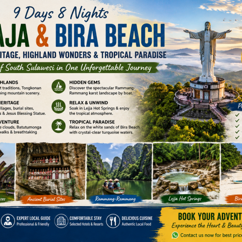 Scenic collage showcasing Toraja traditional villages, Jesus Blessing Statue, Batutumonga mountain views, Rammang-Rammang limestone cliffs, Lejja Hot Springs, and Bira Beach in South Sulawesi, Indonesia.