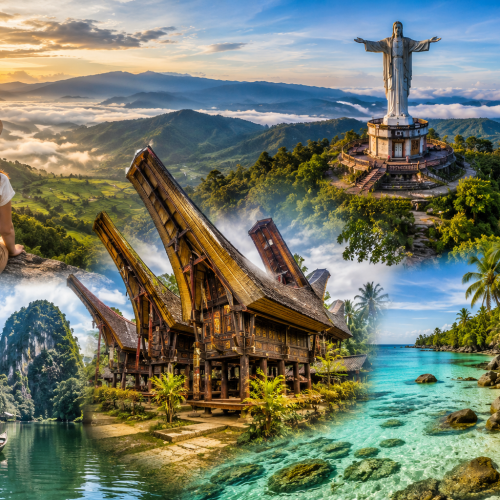 Traveler overlooking the breathtaking Toraja Highlands with traditional Tongkonan houses, the Jesus Blessing Statue, Rammang-Rammang limestone karst, and the pristine white sands of Bira Beach during a South Sulawesi cultural adventure.