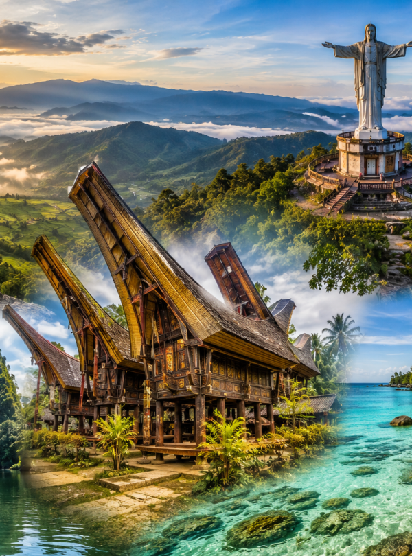 Traveler overlooking the breathtaking Toraja Highlands with traditional Tongkonan houses, the Jesus Blessing Statue, Rammang-Rammang limestone karst, and the pristine white sands of Bira Beach during a South Sulawesi cultural adventure.