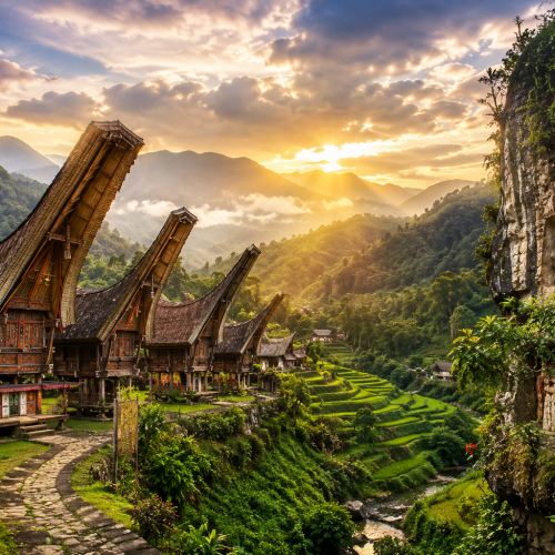 Authentic Toraja traditional houses, ancient stone burial cliffs, green valleys, and mountain scenery in the cultural highlands of South Sulawesi.