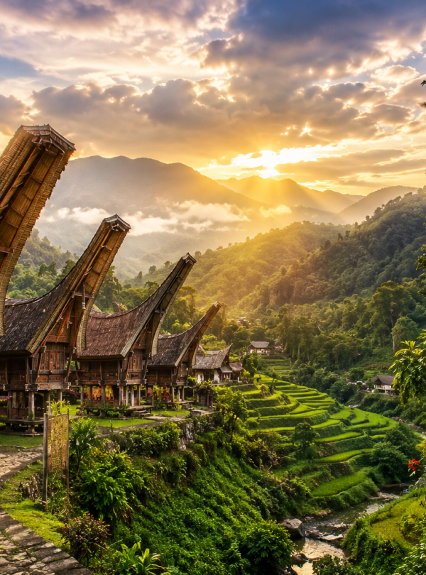 Authentic Toraja traditional houses, ancient stone burial cliffs, green valleys, and mountain scenery in the cultural highlands of South Sulawesi.