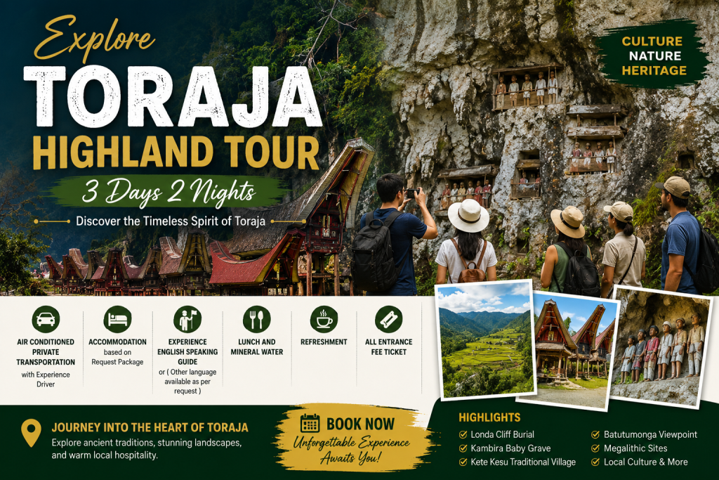 Travelers exploring the iconic Tongkonan traditional houses, ancient cliff burial sites, and breathtaking mountain landscapes during a private Toraja Highland Tour 3 Days 2 Nights in South Sulawesi, Indonesia.