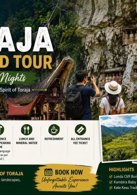 Travelers exploring the iconic Tongkonan traditional houses, ancient cliff burial sites, and breathtaking mountain landscapes during a private Toraja Highland Tour 3 Days 2 Nights in South Sulawesi, Indonesia.