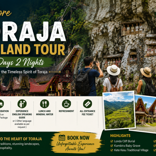 Travelers exploring the iconic Tongkonan traditional houses, ancient cliff burial sites, and breathtaking mountain landscapes during a private Toraja Highland Tour 3 Days 2 Nights in South Sulawesi, Indonesia.