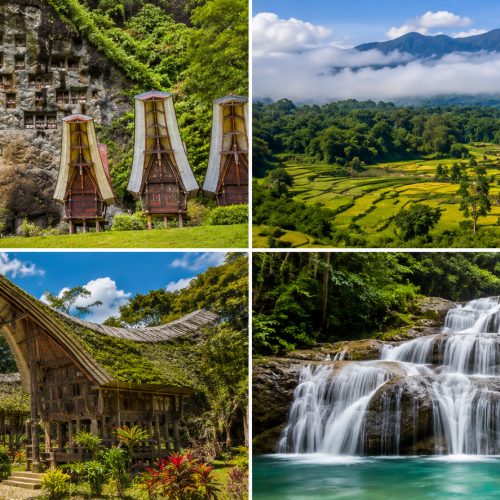 Panoramic collage showcasing Toraja's ancient cliff burial site, traditional Tongkonan houses, lush rice terraces, and Seven Cascade Waterfall in the beautiful highlands of South Sulawesi, Indonesia.