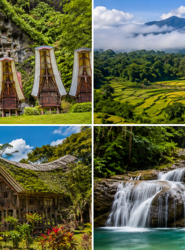 Panoramic collage showcasing Toraja's ancient cliff burial site, traditional Tongkonan houses, lush rice terraces, and Seven Cascade Waterfall in the beautiful highlands of South Sulawesi, Indonesia.