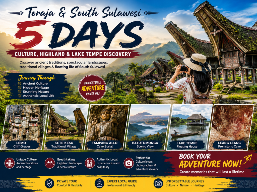 Traveler exploring traditional Tongkonan houses in Toraja Highlands during a 5-day South Sulawesi cultural tour featuring heritage villages, mountain scenery, and Lake Tempe.