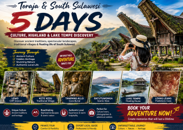 Traveler exploring traditional Tongkonan houses in Toraja Highlands during a 5-day South Sulawesi cultural tour featuring heritage villages, mountain scenery, and Lake Tempe.