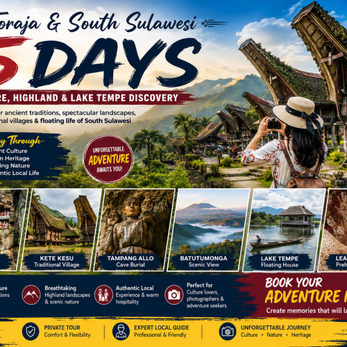Traveler exploring traditional Tongkonan houses in Toraja Highlands during a 5-day South Sulawesi cultural tour featuring heritage villages, mountain scenery, and Lake Tempe.