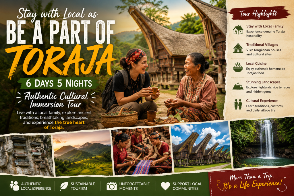 Traveler staying with a traditional Toraja family in a Tongkonan village during a 6 Days 5 Nights cultural immersion tour in South Sulawesi.