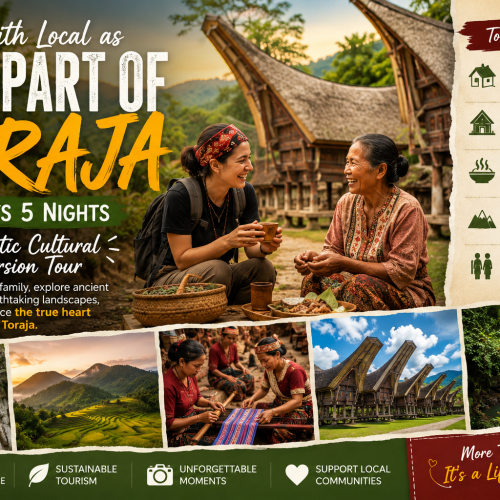Traveler staying with a traditional Toraja family in a Tongkonan village during a 6 Days 5 Nights cultural immersion tour in South Sulawesi.
