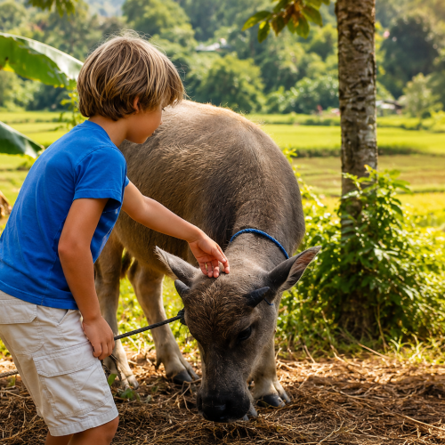 A young traveler gently interacting with a traditional Torajan water buffalo in a peaceful rice field during a local village experience in the Toraja Highlands, South Sulawesi.