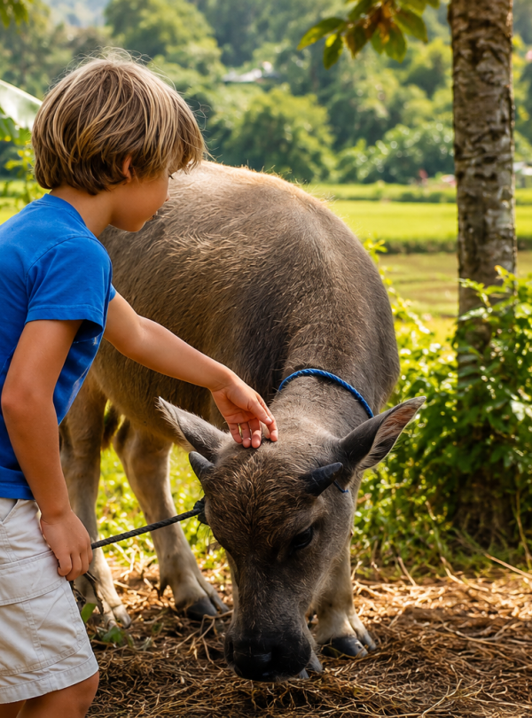 A young traveler gently interacting with a traditional Torajan water buffalo in a peaceful rice field during a local village experience in the Toraja Highlands, South Sulawesi.