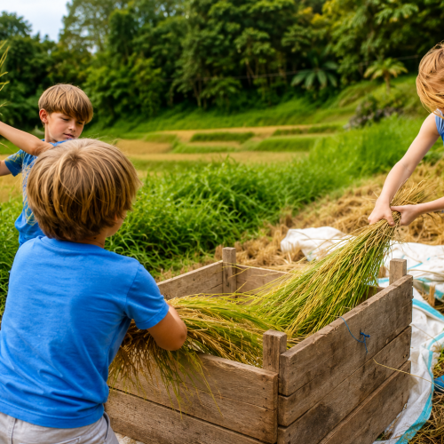 Travelers participating in a traditional rice harvesting activity with local farmers in the lush rice fields of the Toraja Highlands, South Sulawesi, Indonesia.