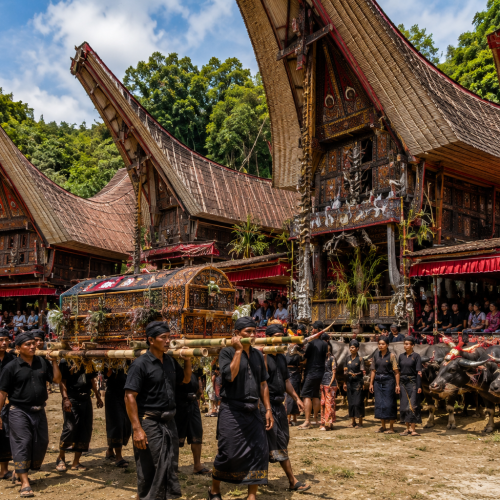 Authentic Toraja cultural ceremony in a traditional village featuring Tongkonan houses, community gathering, and ceremonial procession in the Toraja Highlands, South Sulawesi.
