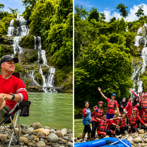 Tourists enjoying a thrilling rafting trip through Toraja's mountain river with lush greenery and stunning natural scenery.